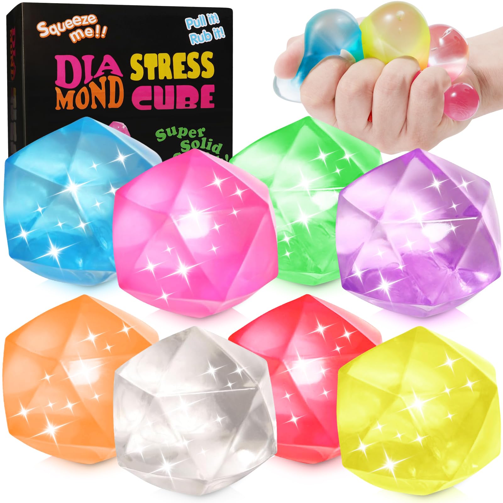 Fidget Toys Stress Balls for Kids 8 Pack Ice Squishy Stress Cube-Diamond Malt Sugar Balls Sensory Toys for Anxiety Stress Relief for Kids Adults Fidgets for Classroom Prize Toys Calming Toys
